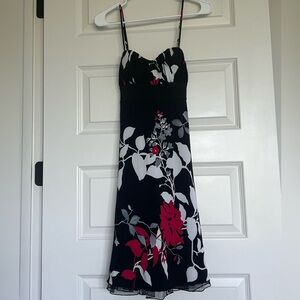 Spaghetti Strap Black Dress with Red & White Floral Design